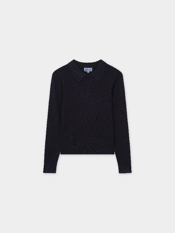 Waffle Collared Sweater-Black