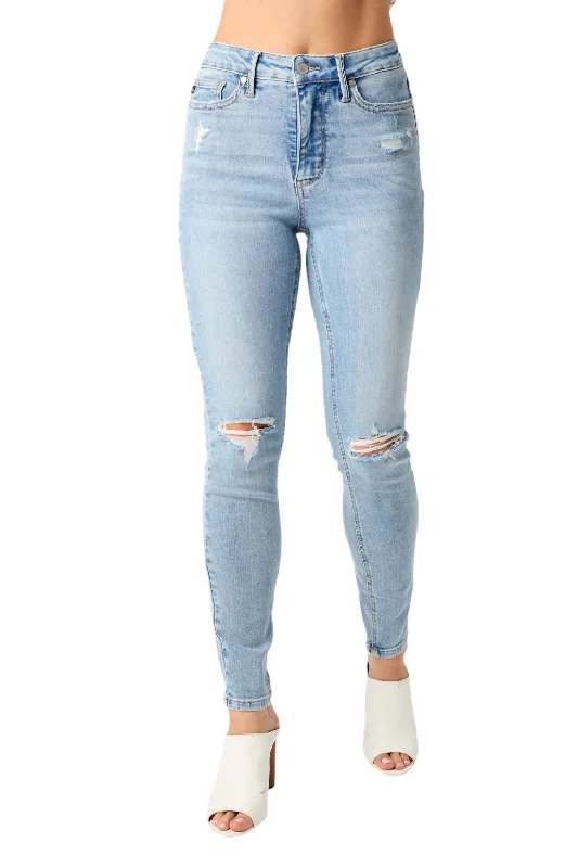 Mid Rise Tummy Control Destroy Skinny Jean In Blue