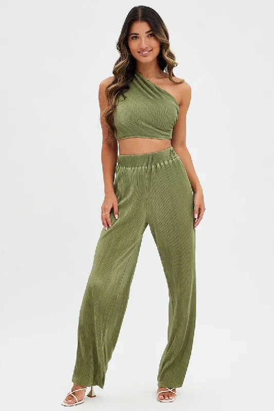 Green Plisse Pants Wide Leg